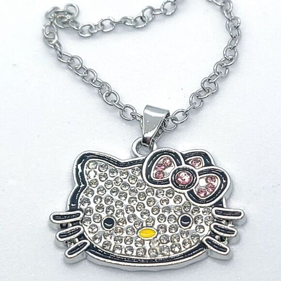 Hello Kitty Rhinestone 24" Necklace Pink Bow Cat Charm Pendant Silver Chain New - Picture 5 of 7